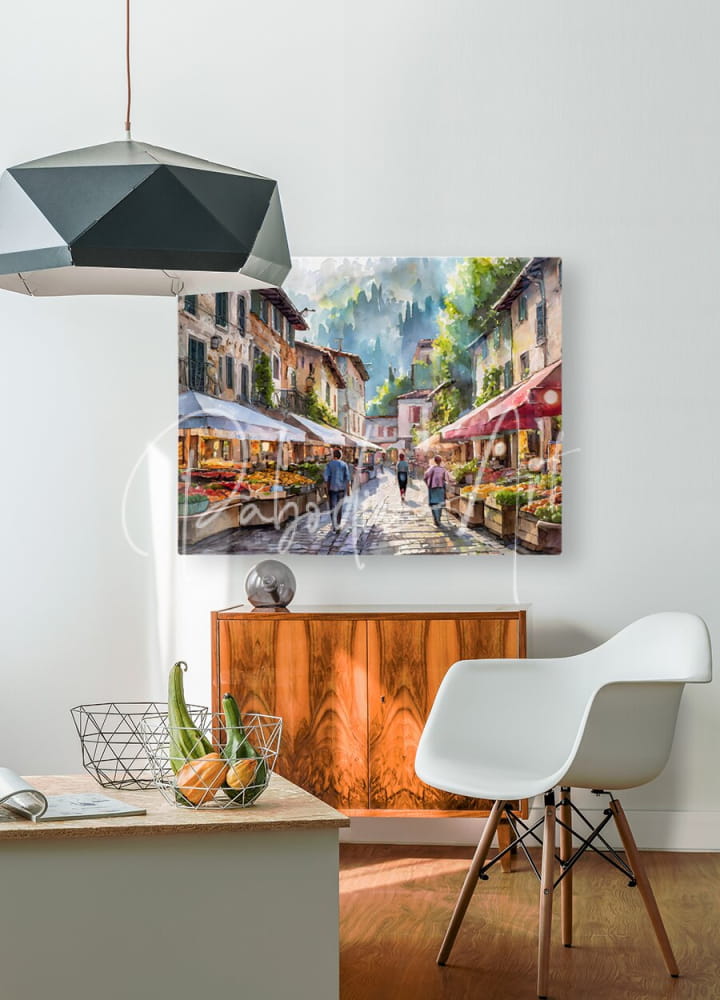 Watercolor painting of a vibrant european market street with colorful awnings for saturday morning farmers market