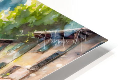 Saturday morning farmers market watercolor print of rustic wooden roof with green foliage in white floating frame