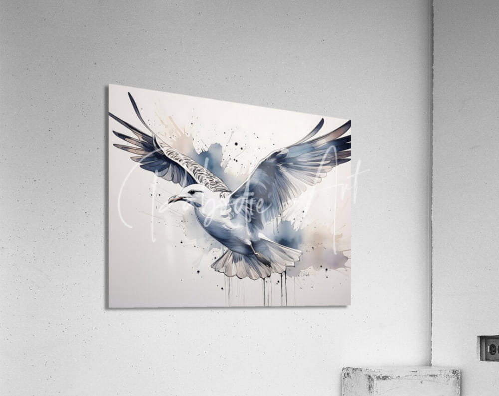 A square acrylic print titled sea gull ink wash featuring a watercolor-style seagull in soft blues and grays on white