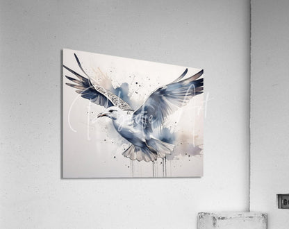 A square acrylic print titled sea gull ink wash featuring a watercolor-style seagull in soft blues and grays on white