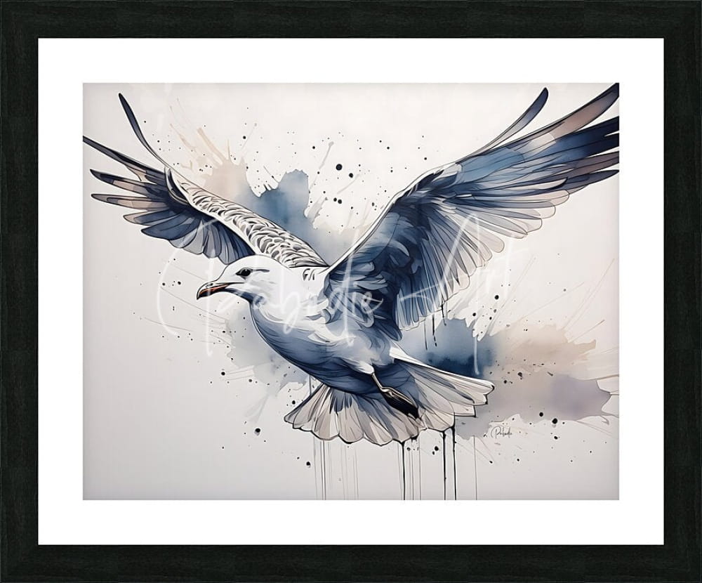 A framed artwork titled sea gull ink wash depicting a dynamic watercolor seagull in blue and gray mid-flight on light background