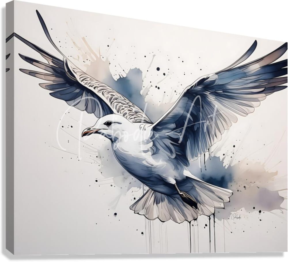 A dynamic watercolor painting of a seagull in mid-flight with blue and gray ink wash on white canvas sea gull ink wash