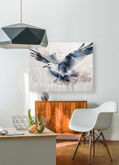 A modern watercolor painting of a seagull in mid-flight with dynamic blue and gray splashes on white canvas