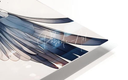 A sleek translucent acrylic art panel titled Sea Gull Ink Wash featuring layered blue and gray wings illustration