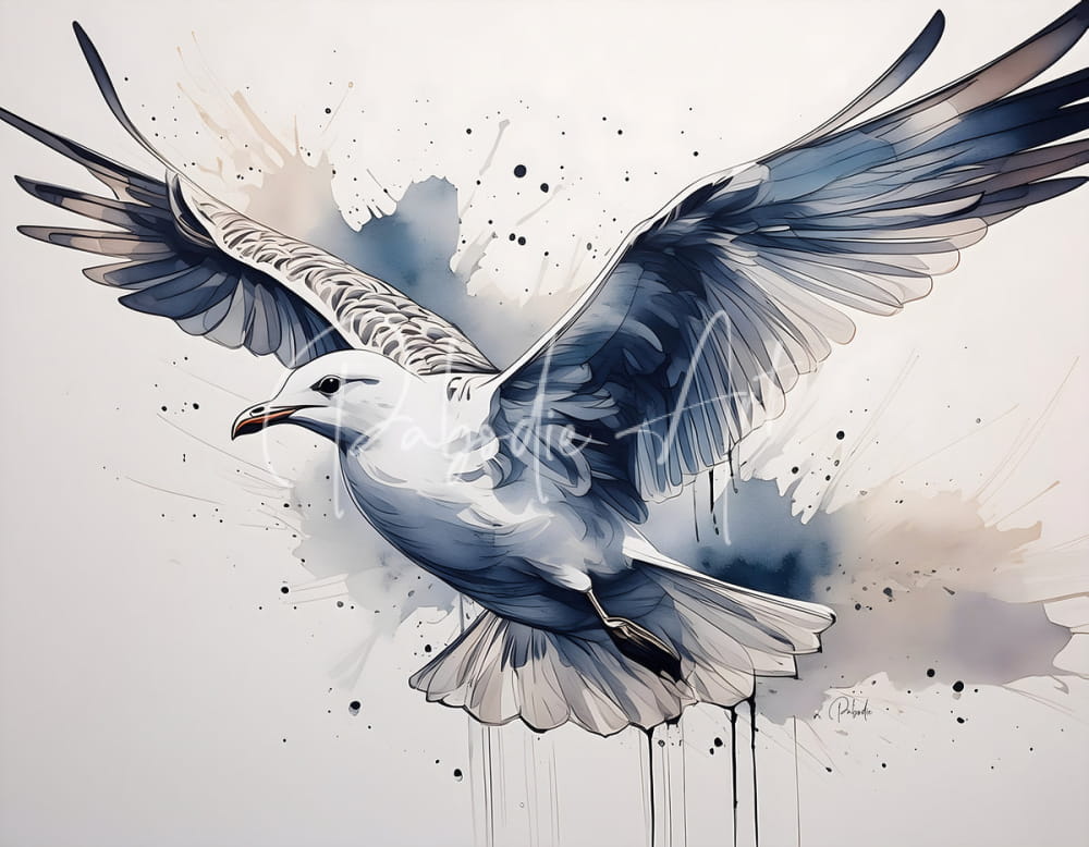 A watercolor painting titled sea gull ink wash of a seagull in mid flight with blue white washes and black ink splatters