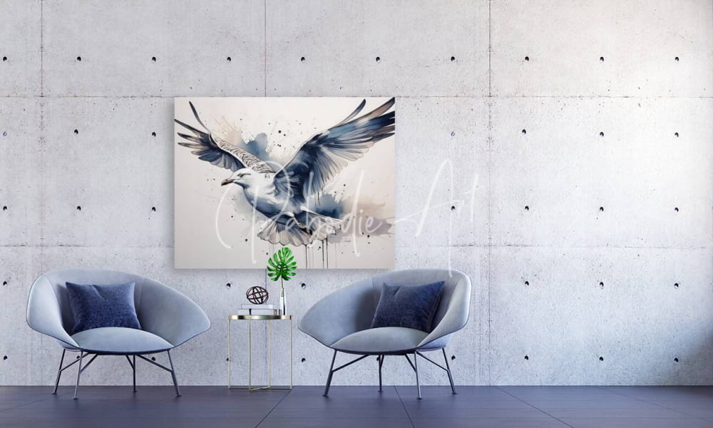 A modern canvas print titled sea gull ink wash featuring a dynamic watercolor-style seagull in blue and gray tones