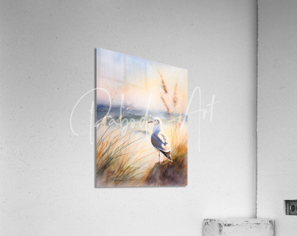 Watercolor painting of a seagull standing in tall grass against a soft sunset sky in seagull perch product
