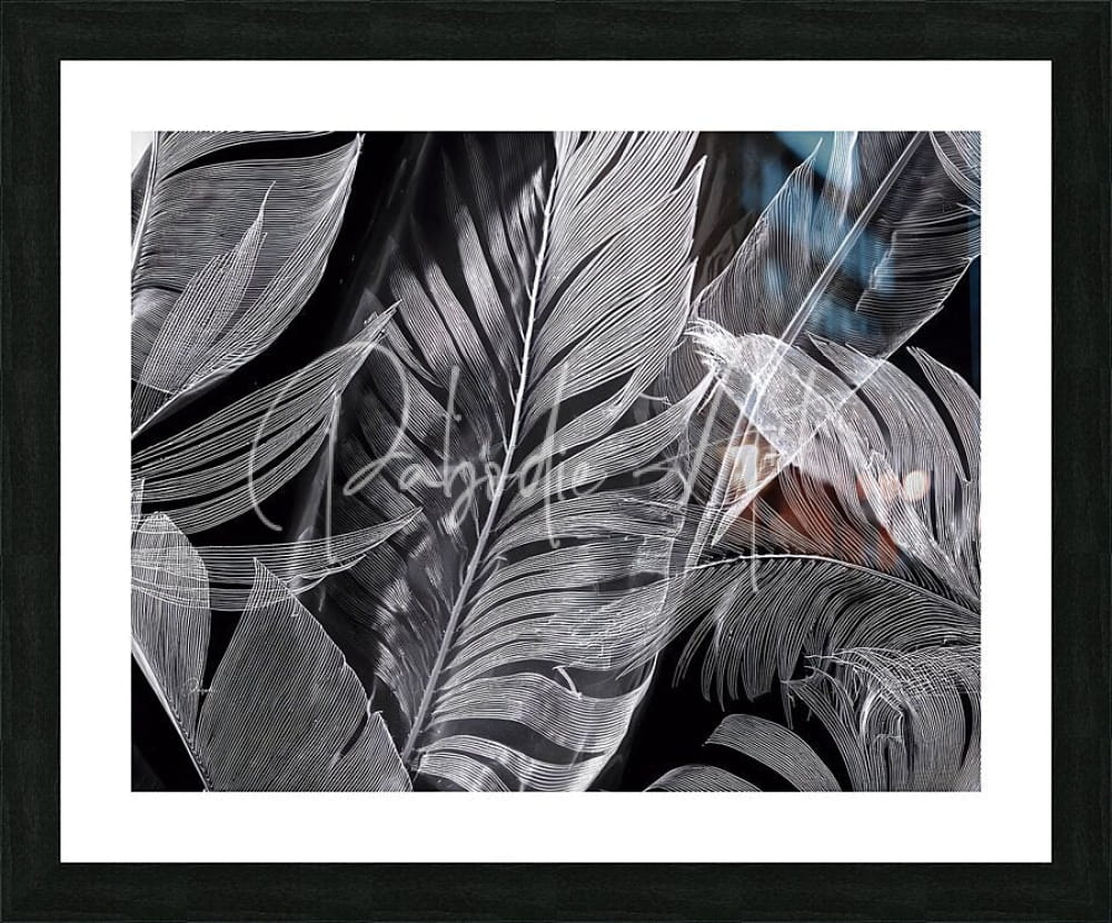 Black-framed art print shades of night tropics i with intricate monochromatic tropical leaf line illustrations