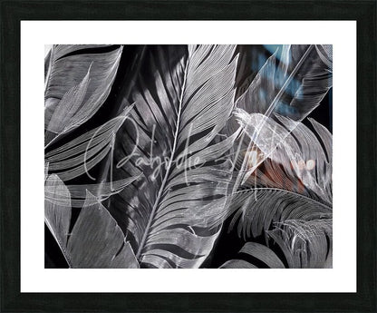 Black-framed art print shades of night tropics i with intricate monochromatic tropical leaf line illustrations