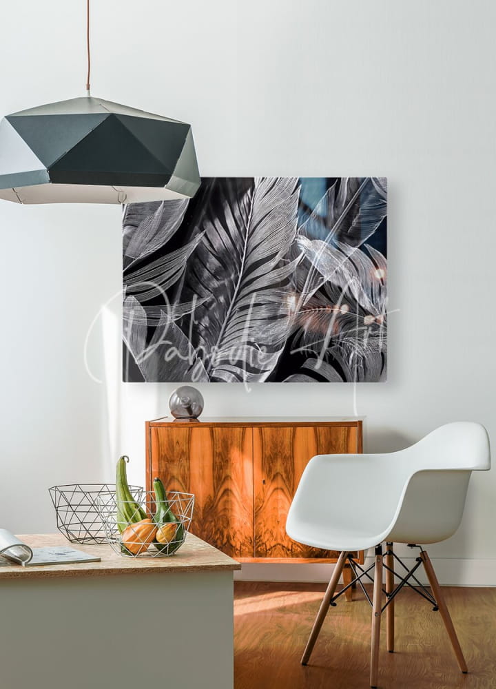 Black and white botanical print canvas wall art titled Shades of Night Tropics I for tropical home decor