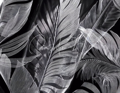 Black-and-white line-art illustration of tropical feathers in shades of night tropics i design