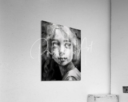 Black and white acrylic print of a young girls portrait on wall in the product titled Sharene