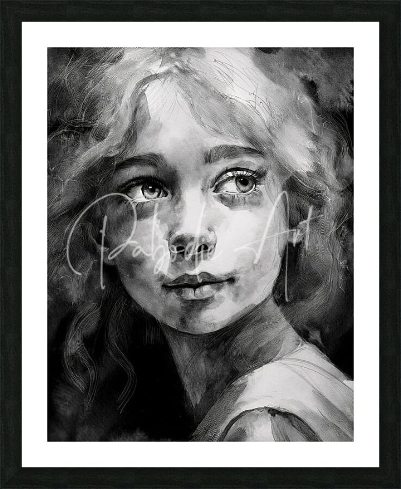 Black and white framed portrait of young girl with curly hair for Sharene decorative wall art