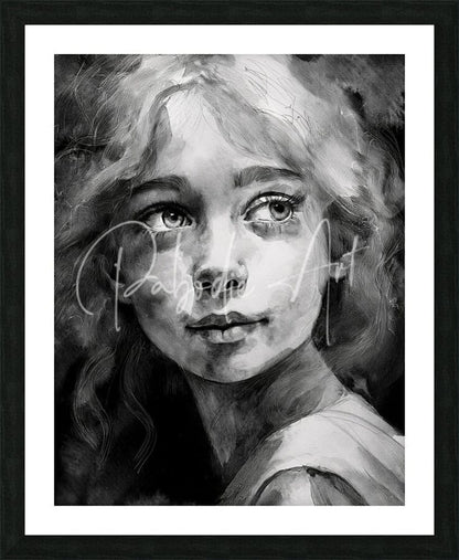 Black and white framed portrait of young girl with curly hair for Sharene decorative wall art