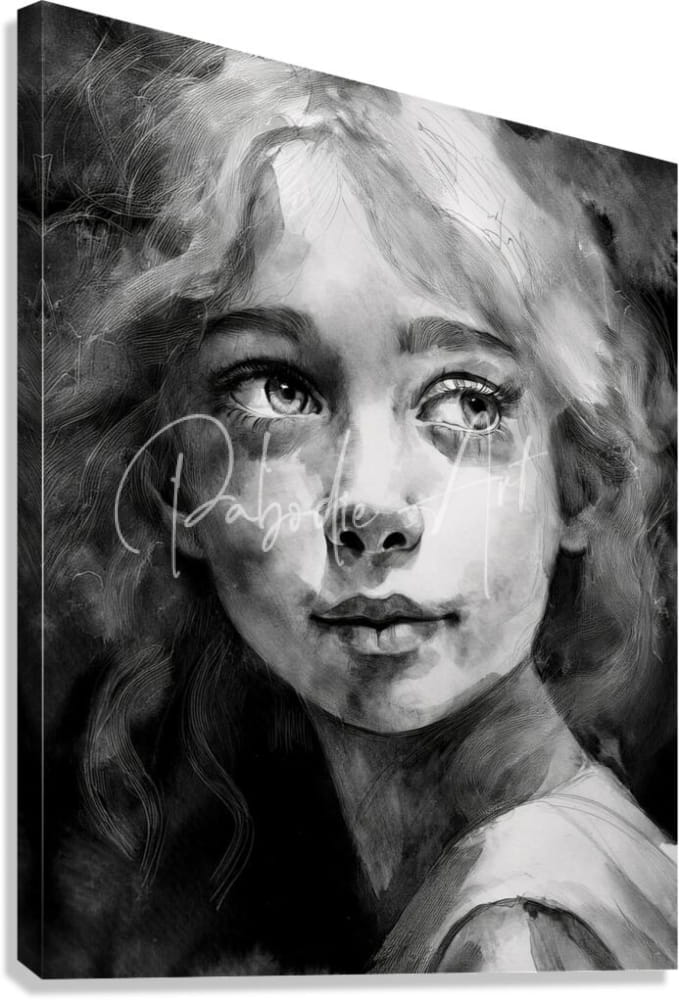 Black-and-white canvas painting titled Sharene featuring a young girl with expressive eyes and flowing hair signed by artist