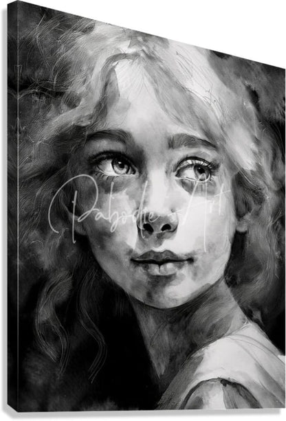 Black-and-white canvas painting titled Sharene featuring a young girl with expressive eyes and flowing hair signed by artist