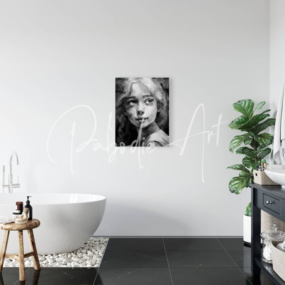 Black-and-white watercolor portrait of a young girl hanging on the wall from the product sharene