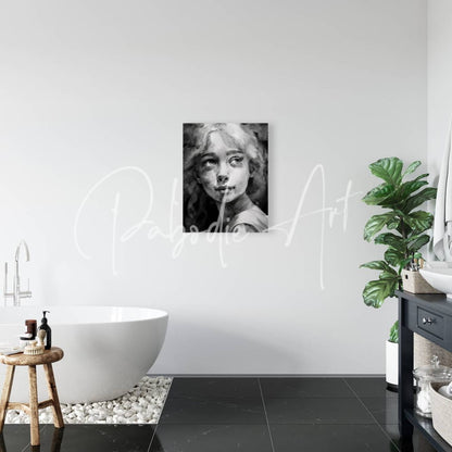 Black-and-white watercolor portrait of a young girl hanging on the wall from the product sharene