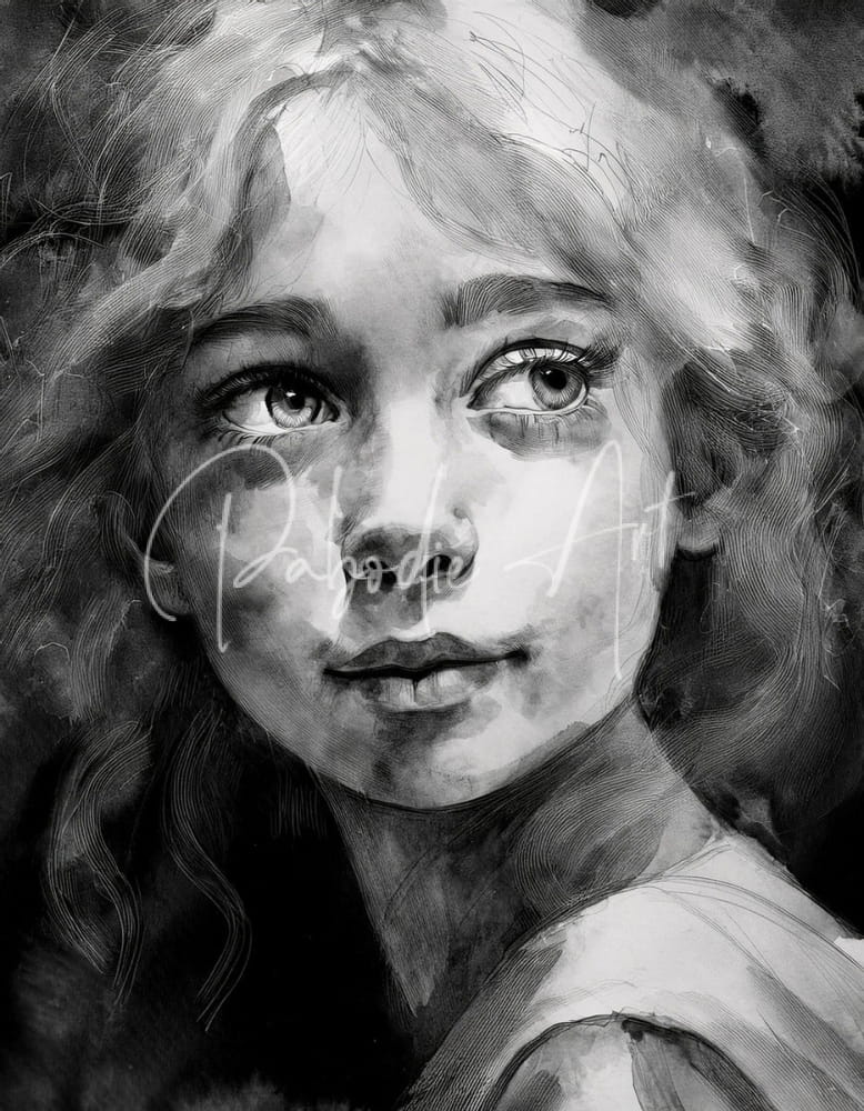 A detailed black and white watercolor portrait of a young girl with curly hair in the product sharene