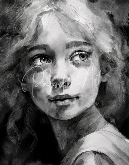 A detailed black and white watercolor portrait of a young girl with curly hair named sharene
