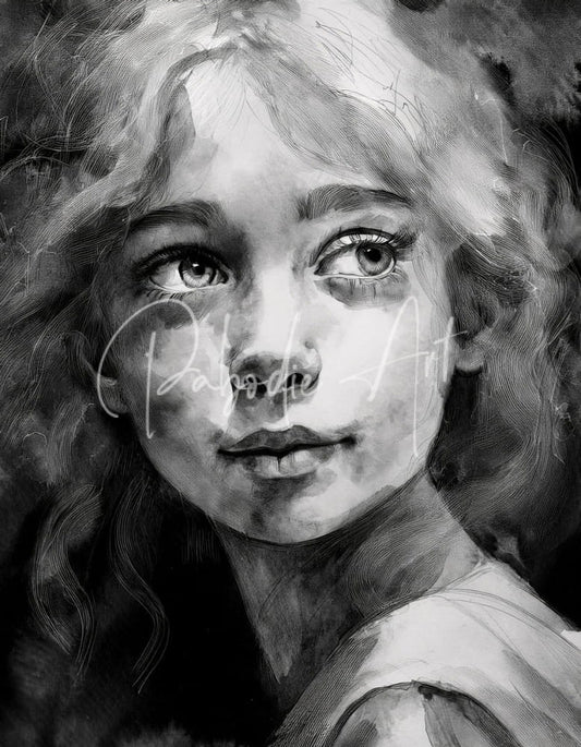 A detailed black and white watercolor portrait of a young girl with curly hair named sharene