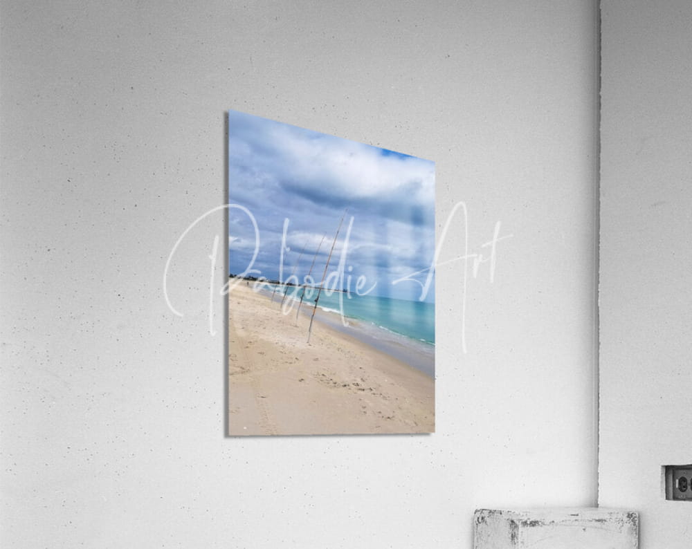 Rectangular acrylic art panel titled shorefishing featuring beige sand and turquoise ocean beach scene