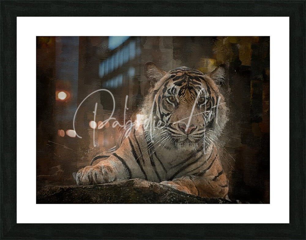 A framed Siberian tiger portrait artwork featuring a detailed realistic orange and black striped tiger with piercing eyes