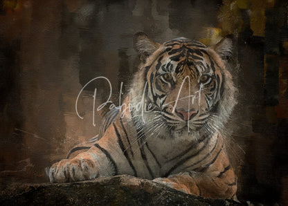 A striking digital artwork of a siberian tiger portrait with bold orange and black stripes in a painterly style