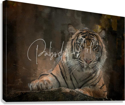 A canvas print titled siberian tiger portrait featuring a realistic orange and black striped tiger resting on dark earth ground