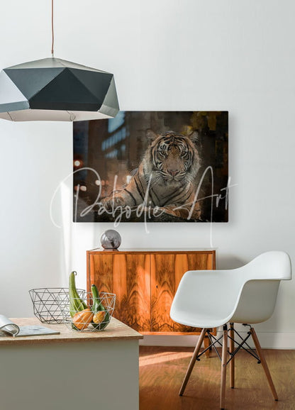 A striking black and white canvas print of a siberian tiger portrait with bold stripes mounted on a white wall