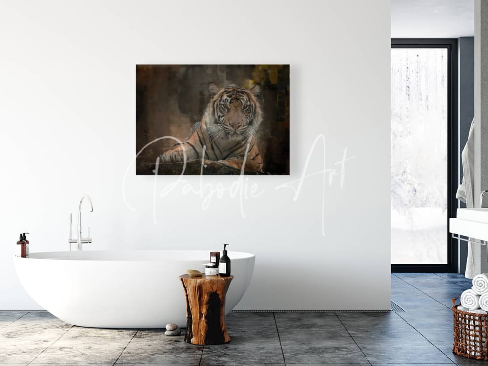 A framed canvas print of a siberian tiger portrait with orange and black stripes mounted on a white wall