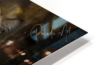 A sleek modern acrylic print titled siberian tiger portrait featuring a nighttime cityscape in deep blues and warm golds