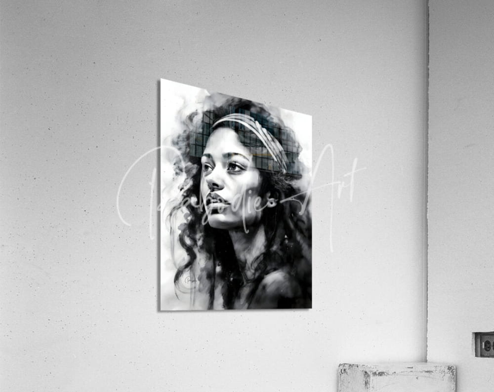 The singer black-and-white watercolor portrait of a woman with curly hair on acrylic panel wall art