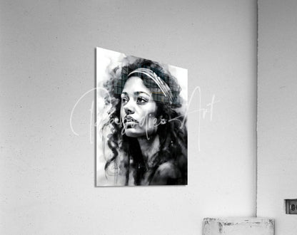 The singer black-and-white watercolor portrait of a woman with curly hair on acrylic panel wall art