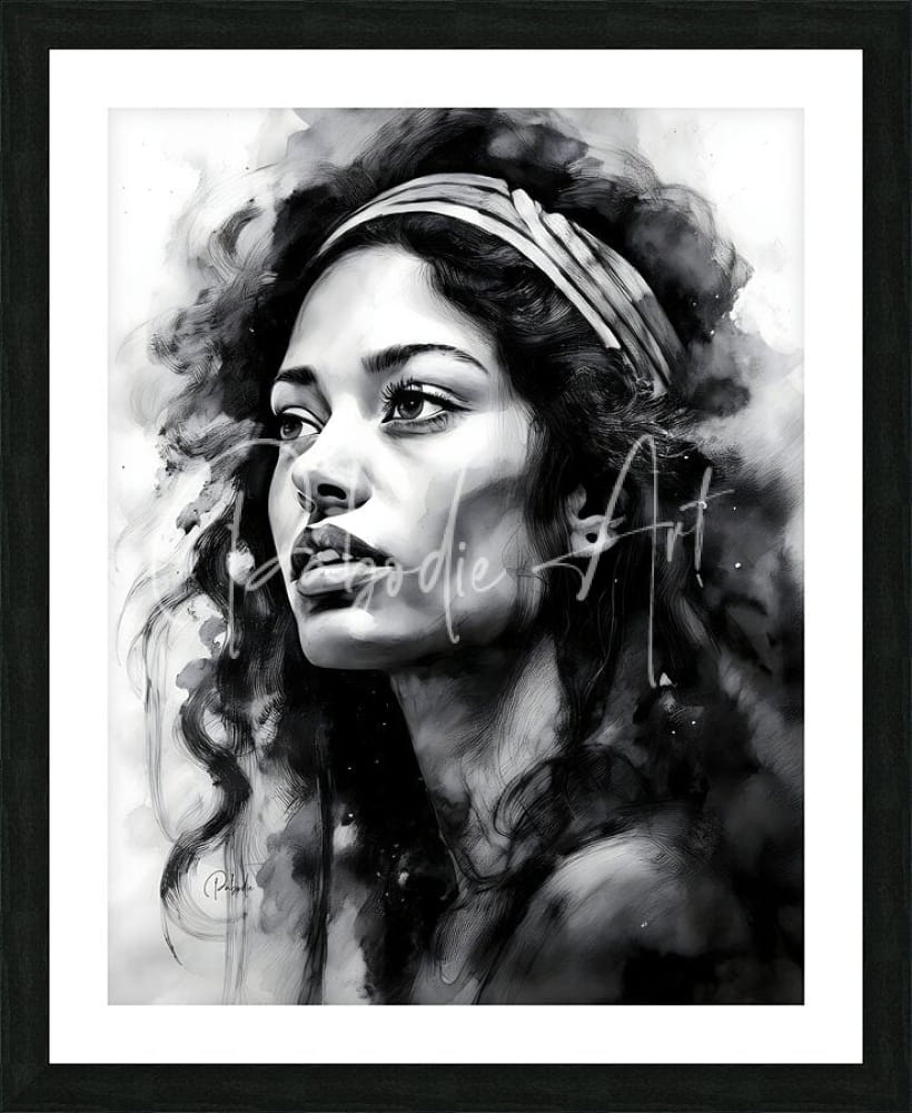 Black-and-white watercolor portrait of a woman with curly hair and headband in a sleek black frame titled the singer