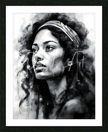 Black-and-white watercolor portrait of a woman with curly hair and headband in a sleek black frame titled the singer