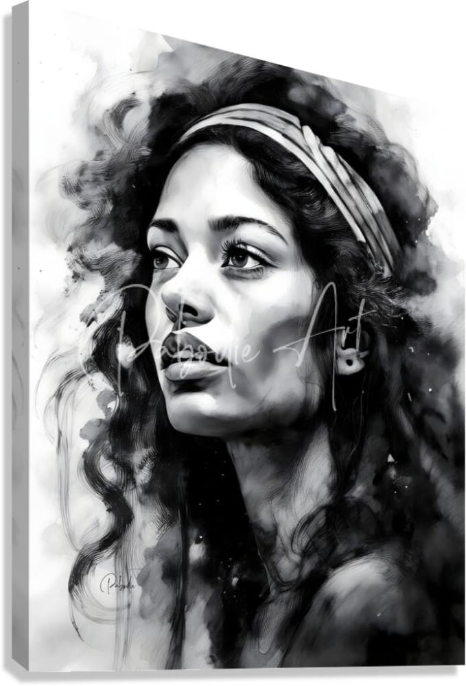 Black and white watercolor portrait of a woman with curly hair and headband printed on a stretched canvas titled the singer