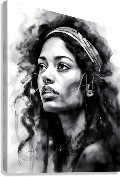 Black and white watercolor portrait of a woman with curly hair and headband printed on a stretched canvas titled the singer