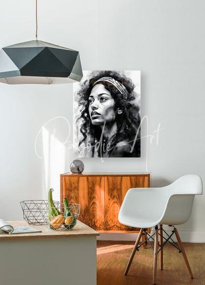 The singer black and white canvas portrait of a woman with curly hair and headband mounted on white wall