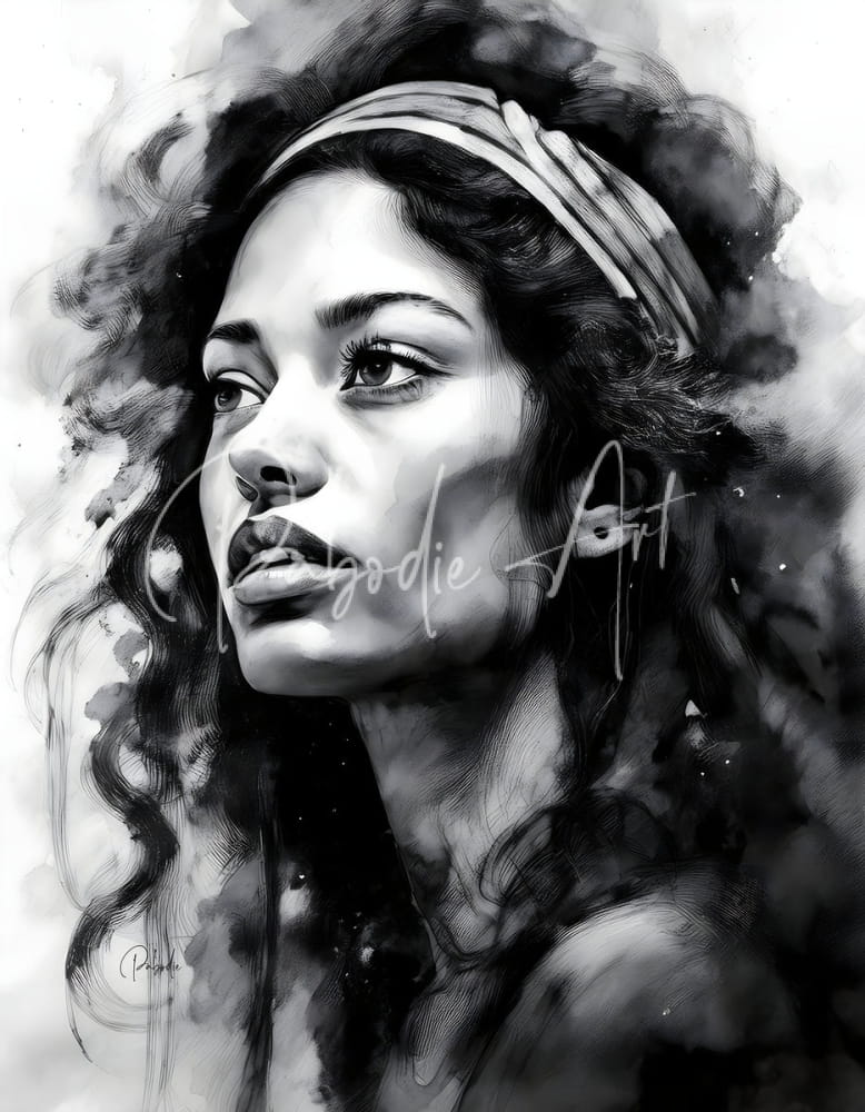 A monochromatic watercolor portrait of a woman with voluminous curls and an intricately patterned headband titled the singer