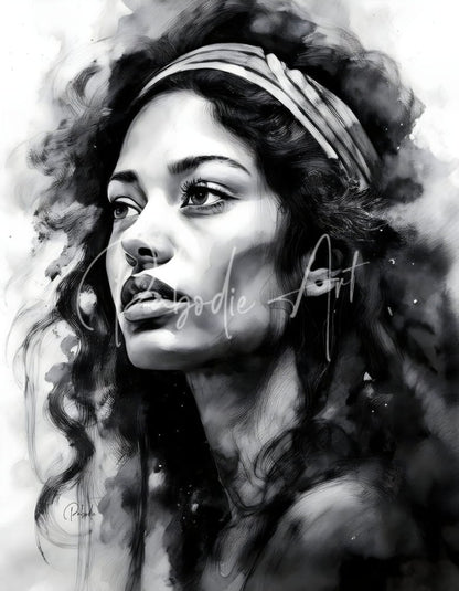 A monochromatic watercolor portrait of a woman with voluminous curls and an intricately patterned headband titled the singer