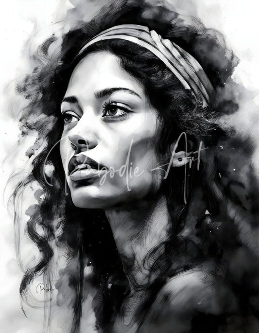 A monochromatic watercolor portrait of the singer featuring voluminous curls and a patterned headband