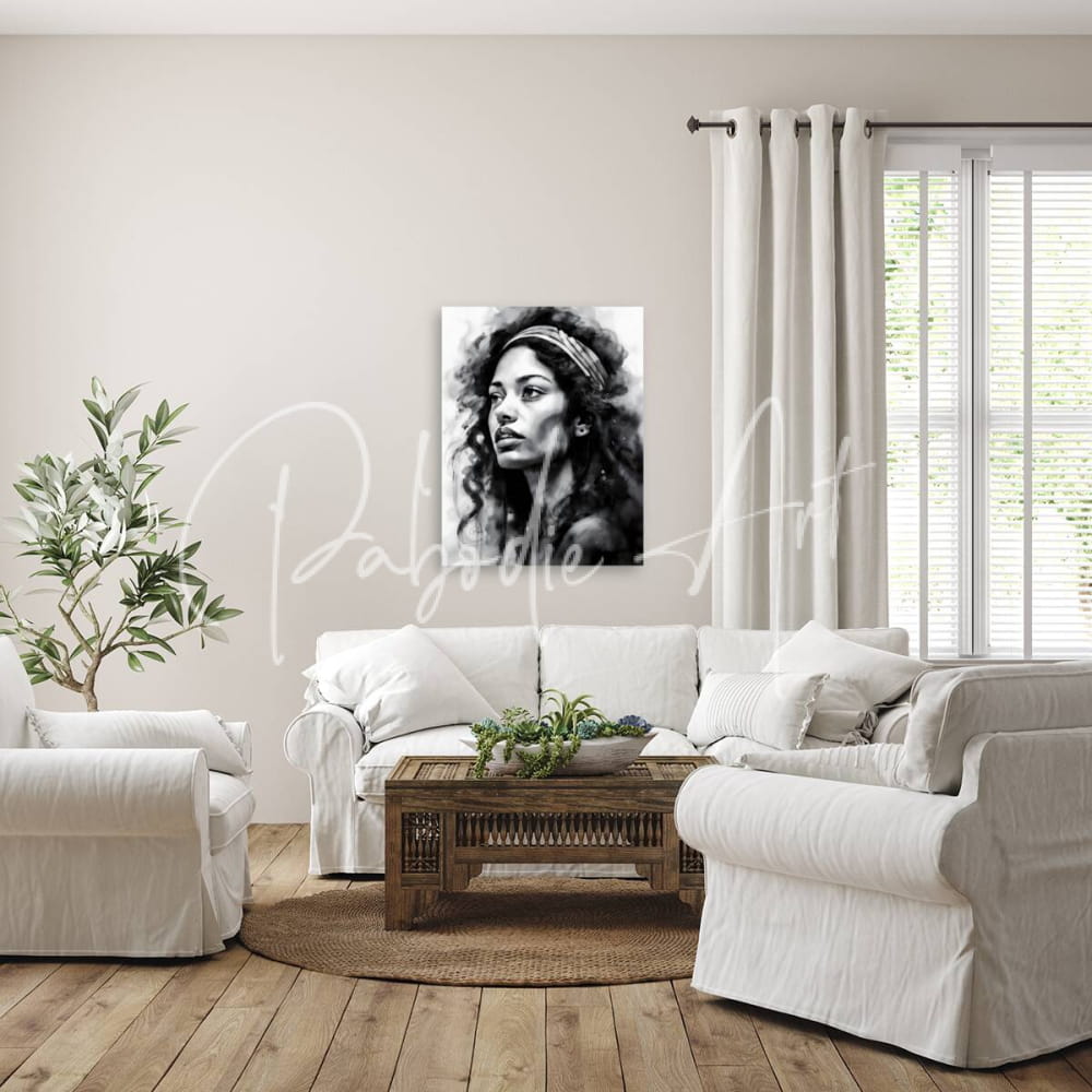 Black-and-white portrait canvas titled the singer featuring a woman with curly hair and headband in a minimalist living room