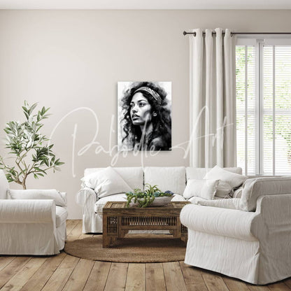Black-and-white portrait canvas titled the singer featuring a woman with curly hair and headband in a minimalist living room
