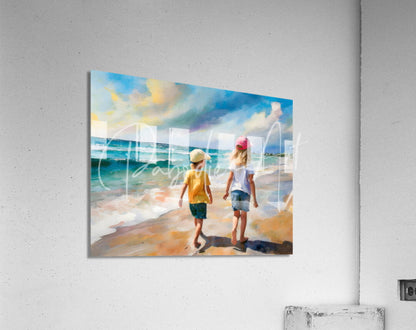 Painting titled Sisters on the Beach showing two children walking along the sandy shore under a vibrant colorful sky
