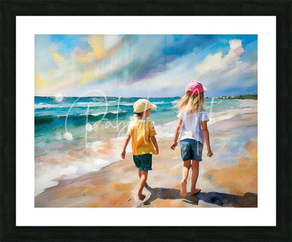 Framed painting titled sisters on the beach showing two children walking along shoreline under a vibrant sky