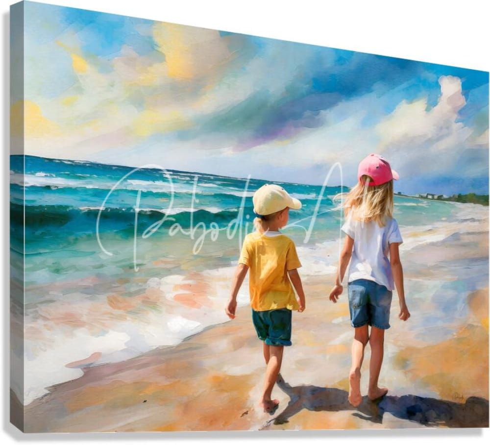 Canvas painting titled sisters on the beach showing two children walking along the shoreline under a vibrant sky