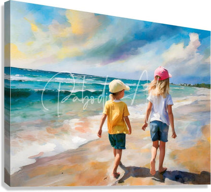 Canvas painting titled sisters on the beach showing two children walking along the shoreline under a vibrant sky