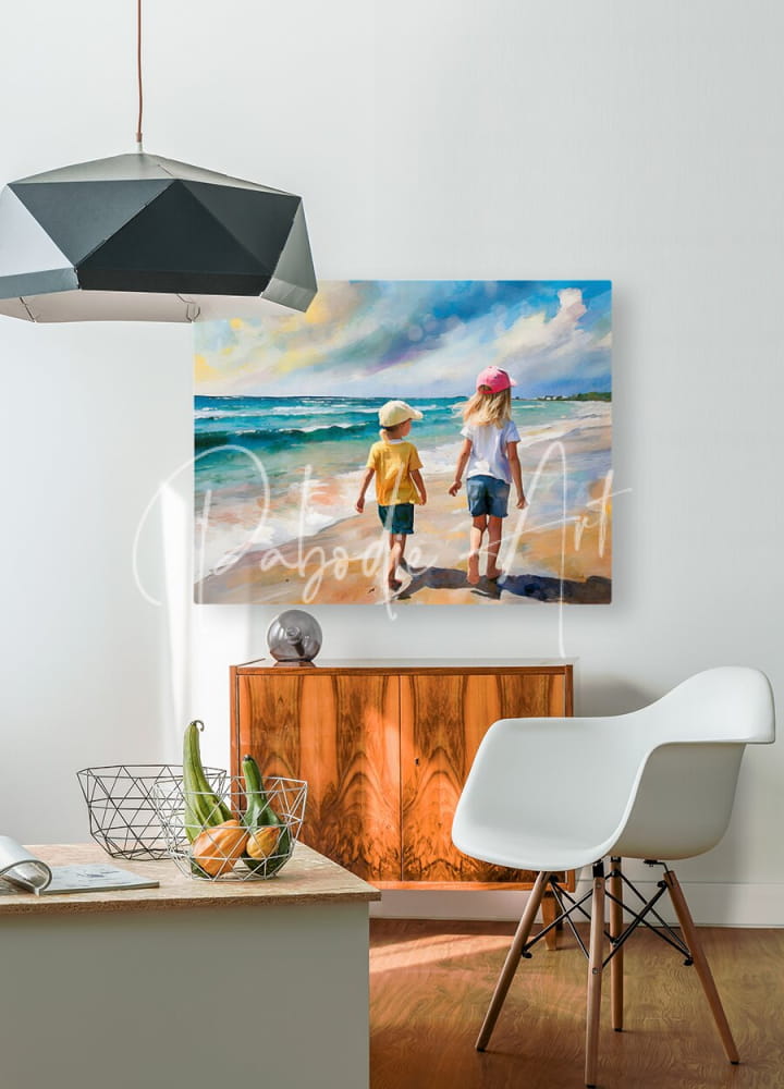 Beige and blue ocean scene canvas painting of two children walking along the shore titled sisters on the beach