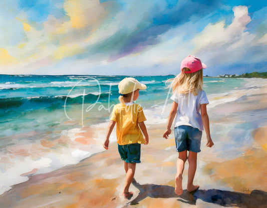 A vibrant watercolor painting titled sisters on the beach shows two barefoot children walking toward a turquoise ocean
